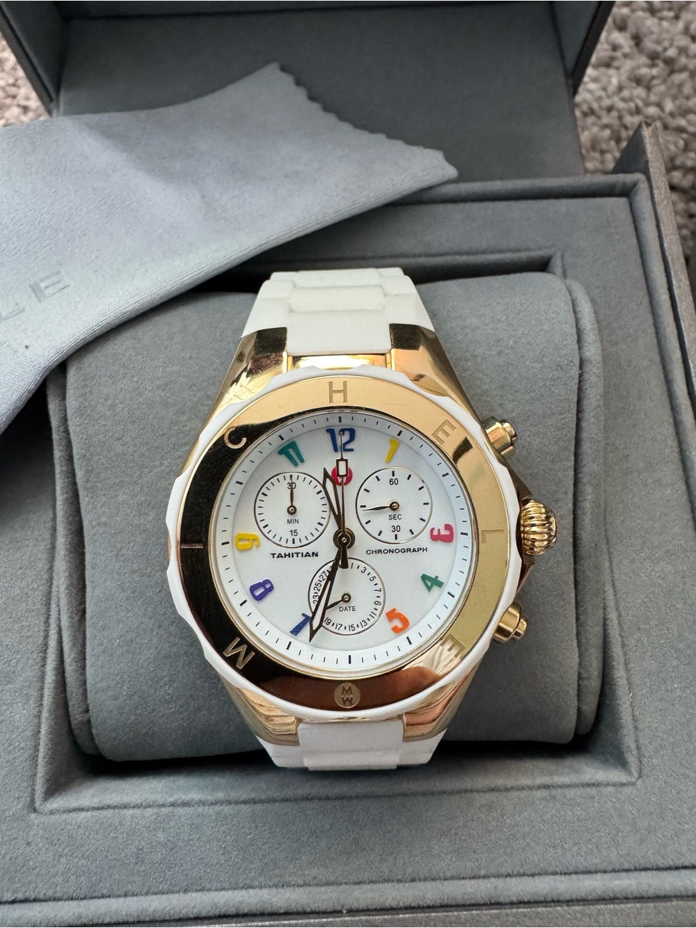 Michele White and Gold Watch with Multicolor Numerals